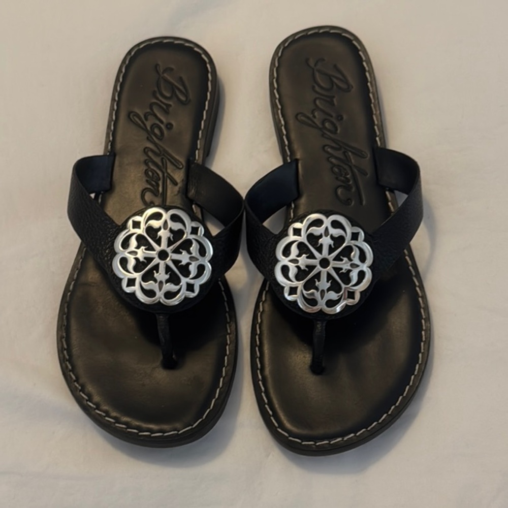Brighton Black and Silver Thong Sandals with Ornamental Design